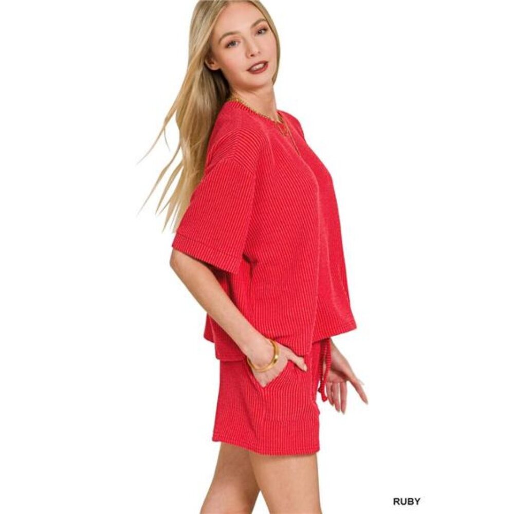 Zenana Raised Rib Short Sleeve Tee and Drawstring Shorts Set‎